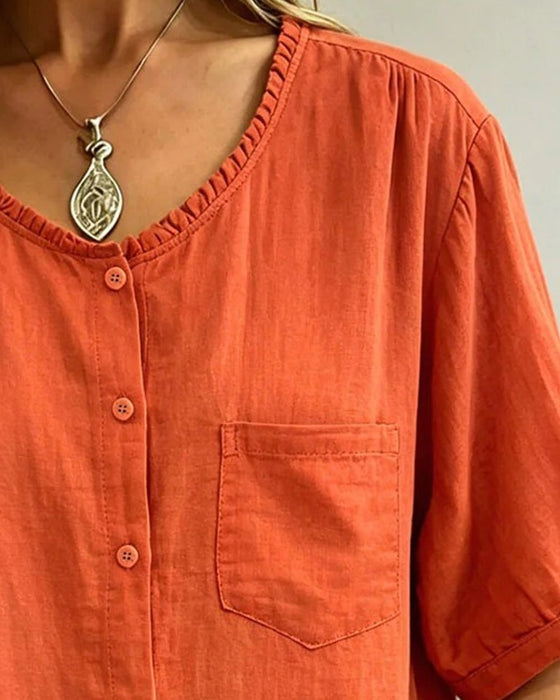 Bluse Ruffle Trim Knapp Lomme