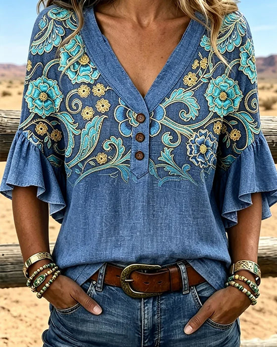 Bluse Bohemisk Trykk V-Utringning Vintage