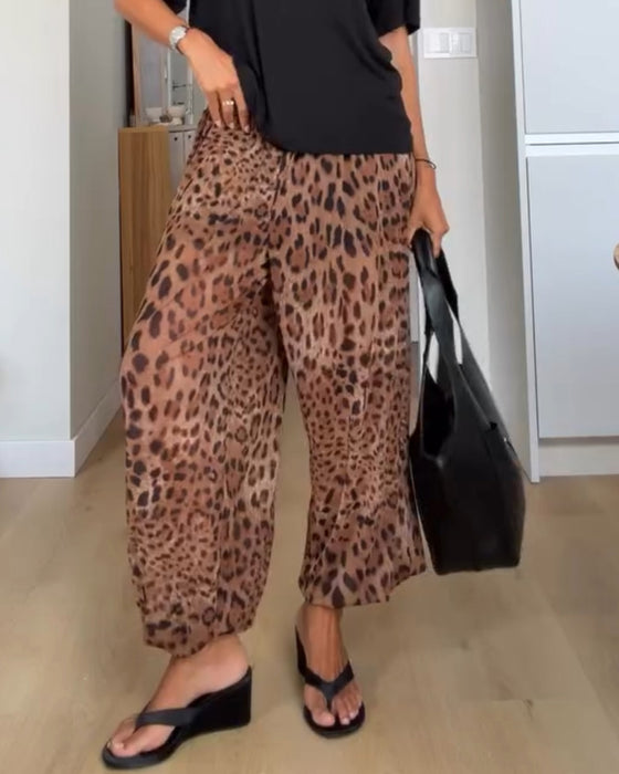 Bukser Elastisk Midje Leopard Trykk Bred Ben Lang
