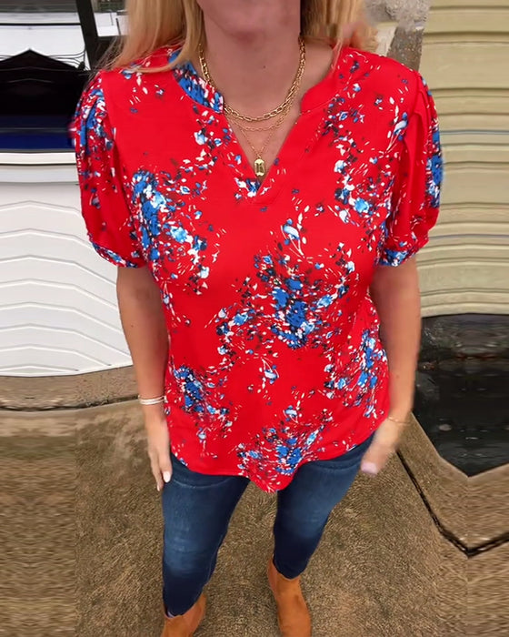 T-Skjorte V-hals Blomstermønster Kortermet