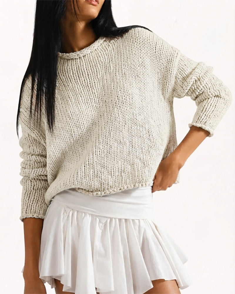 Pullover Rund Hals Kort Lang Erme Ensfarget