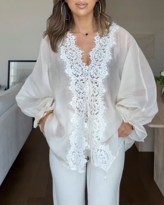 Bluse V-Hals Blonde Panel Ruffle
