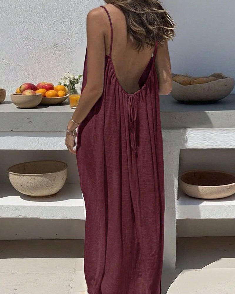 Kjole Ensfarget Rysj Ryggløs Spaghettitråd Maxi