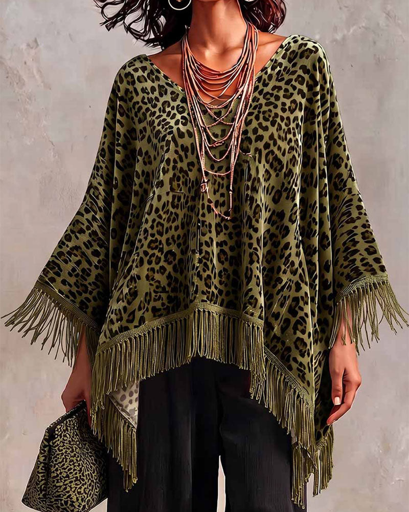 Bluse Flaggermuserm Frynser Leopardtrykk Løs Fløyel