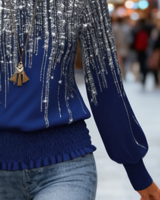 Stilfull Trykt Langermet Topp Med Rund Hals