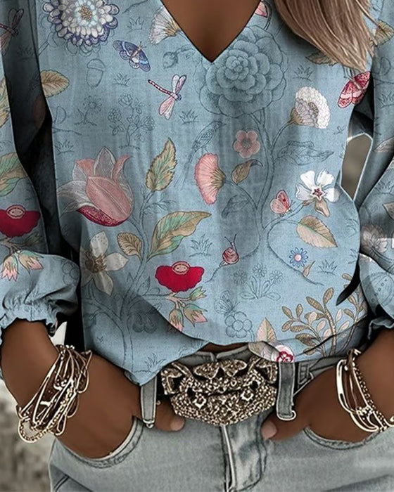 Bluse Med Blomster- Og Insektprint Pufferm