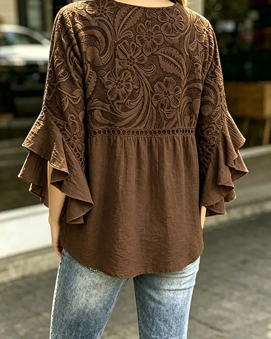 Bluse Vintage Blomstret Trykk Asymmetrisk Rysje Erm