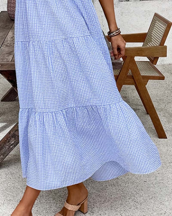 Kjole Blå Hvit Gingham V-Hals