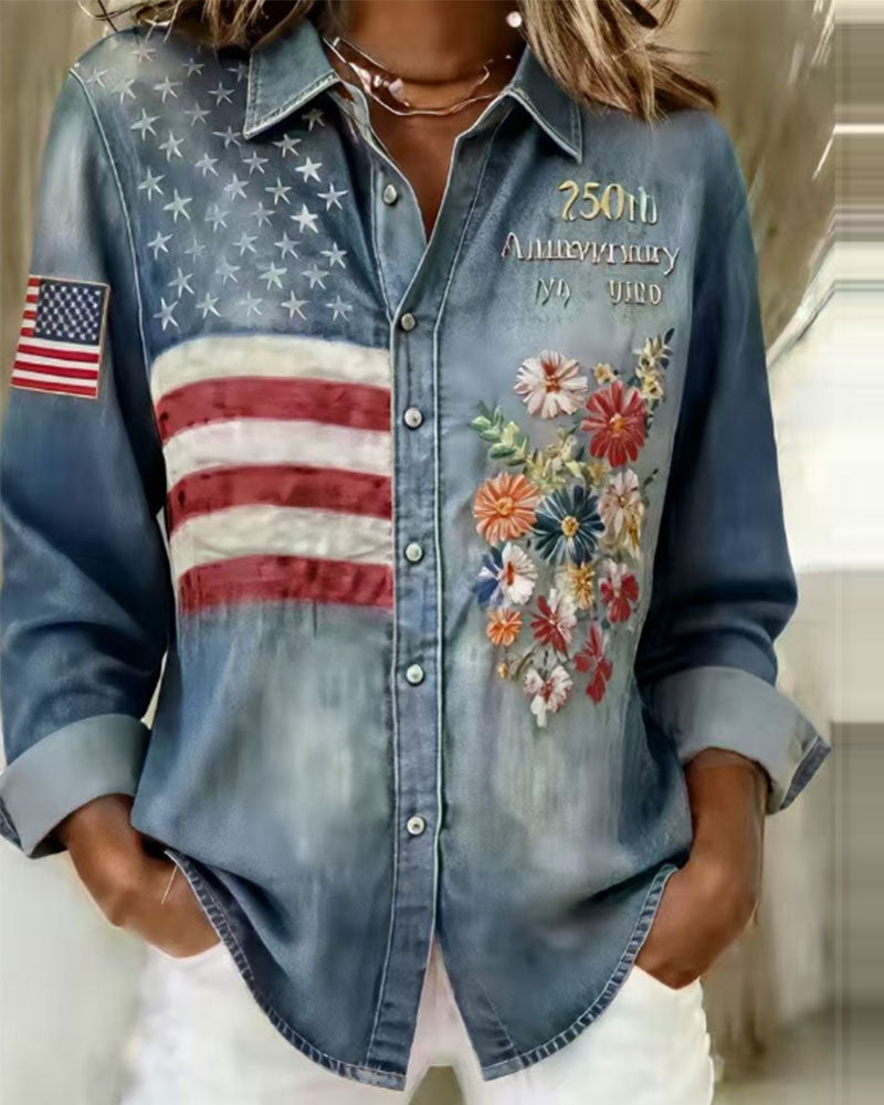 Skjorte Nedfellbar Krage Trykk Broderi