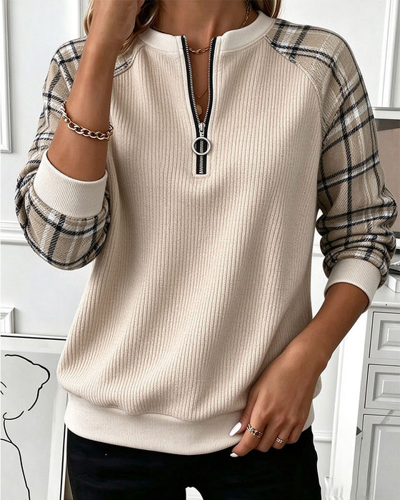 Sweatshirt Rund Hals Glidelås Rutete