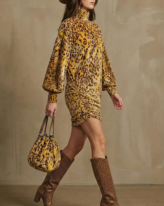 Kjole Høy Hals Leopard Lanterne Erme Elegant