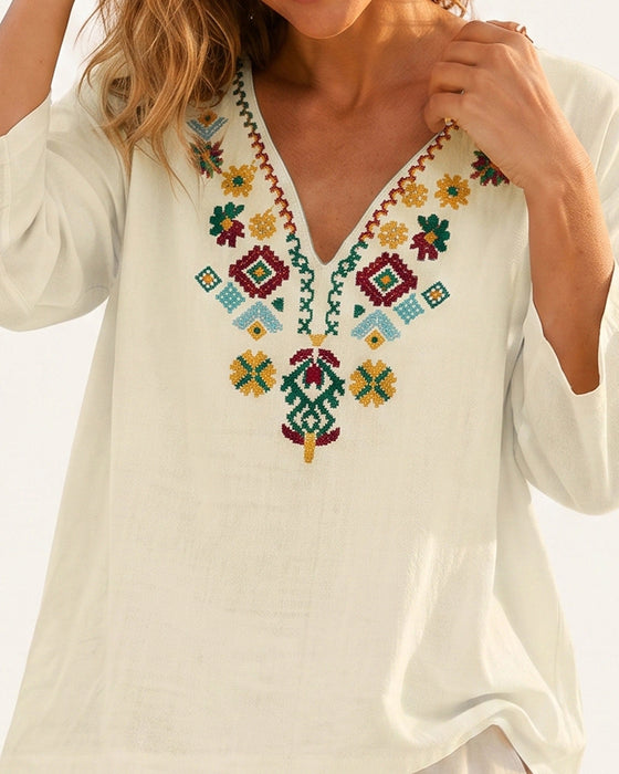 Bluse V-Hals Bohemisk Trykt