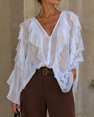 Bluse V-Hals Ruffle Løs