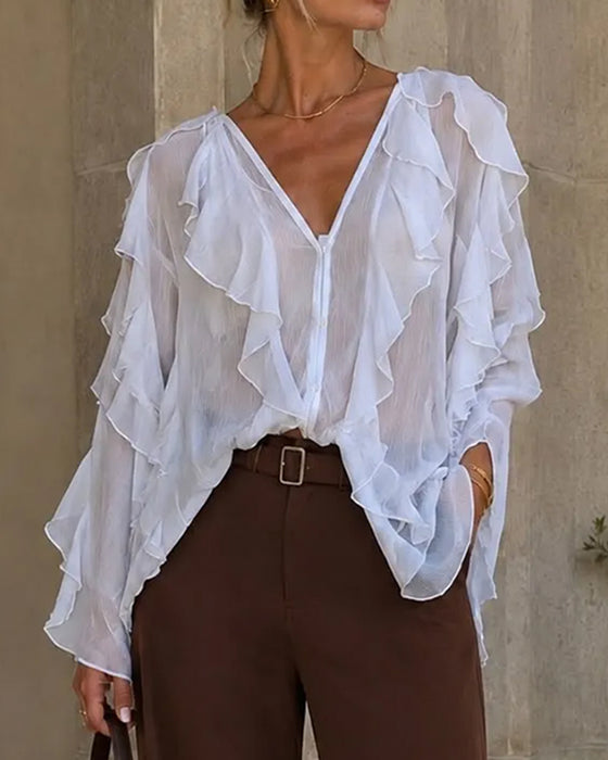 Bluse V-Hals Ruffle Løs