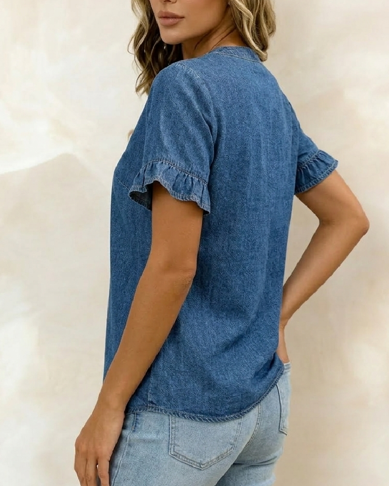 Bluse Denim V-Hals Rysj Kort Erme