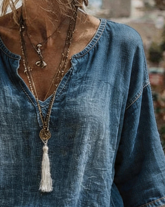 Topp V-Hals Denim Halv Erme