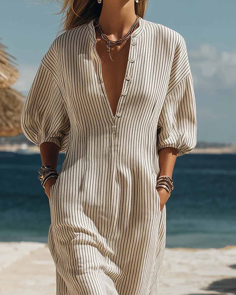 Kjole Puff Erme Knapp-Ned Stripet