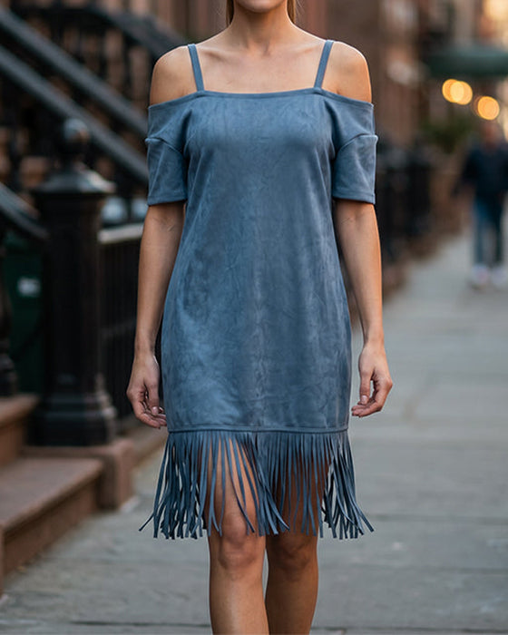 Kjole Spagettistrap Frynser Solid Off-Shoulder