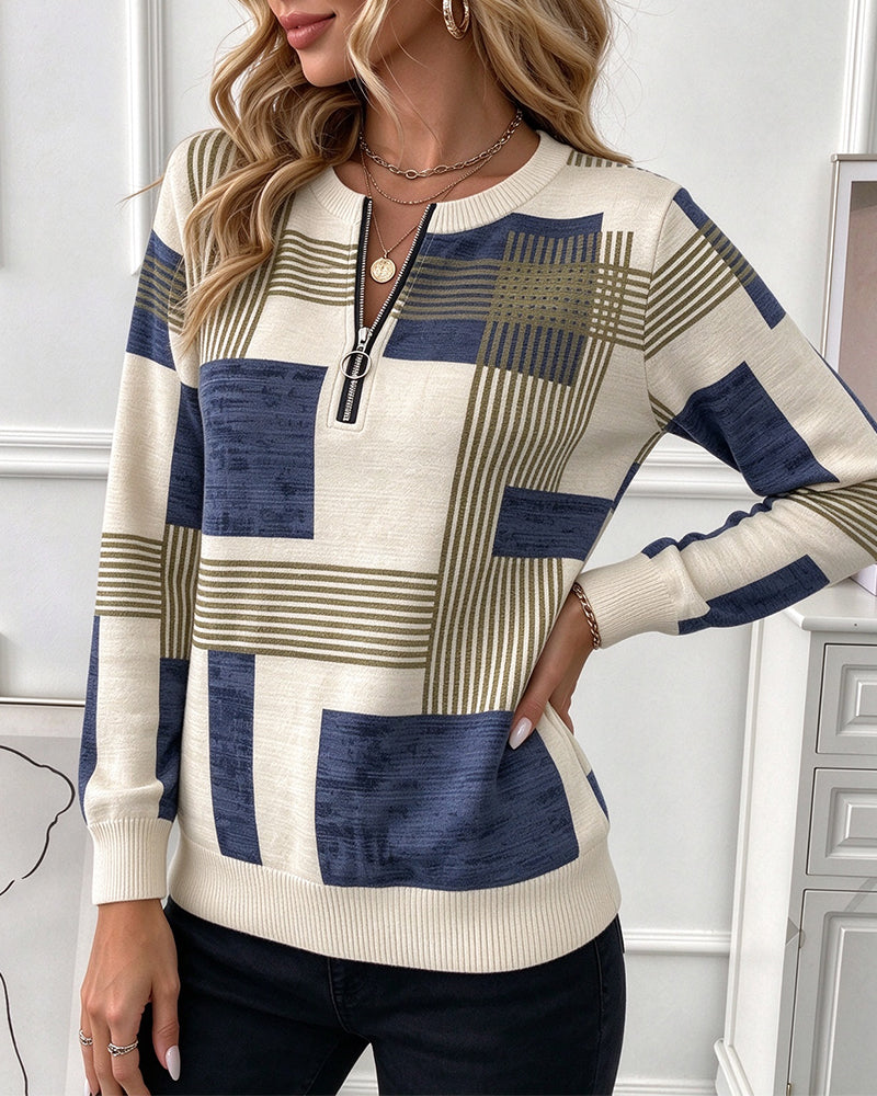 Sweatshirt Rund Hals Geometrisk Halv Glidelås Strikket