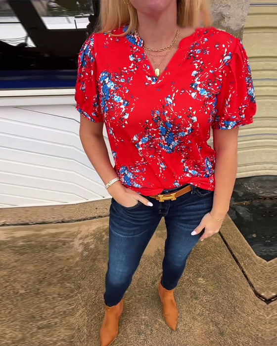 T-Skjorte V-hals Blomstermønster Kortermet