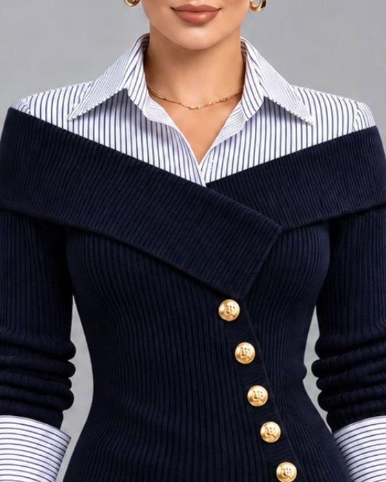 Falsk Lag-Look Stripete Patchwork-Bluse