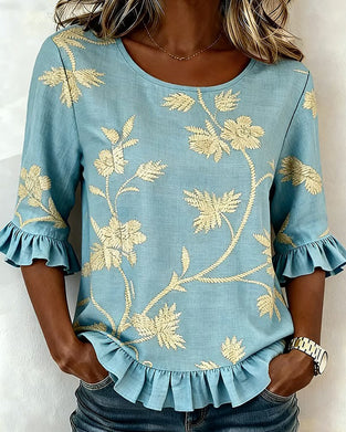 Bluse Jasmin Rysje Rund Hals Halvlang Erme