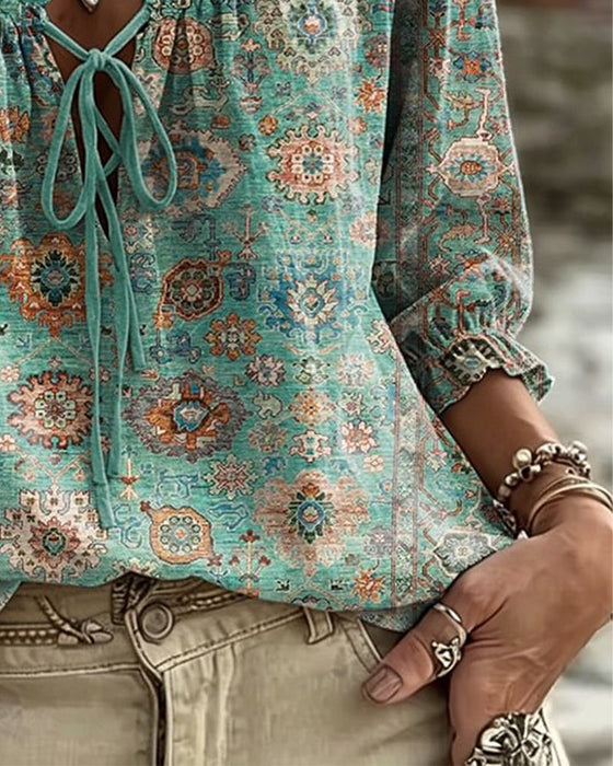 Bluse V-Hals Knyting Vintage Trykk