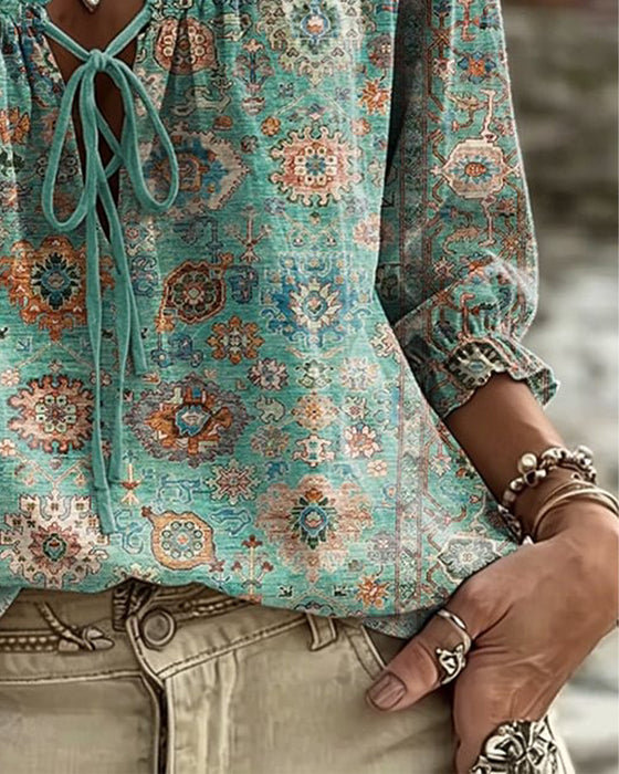Bluse V-Hals Knyting Vintage Trykk