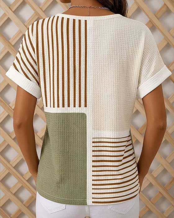 Bluse Med Rundhals, Knapper, Striper, Kontrastfarger