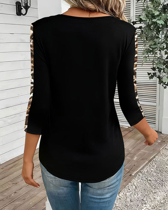 T-Skjorte Lang Erme V-Hals Leopard Patchwork