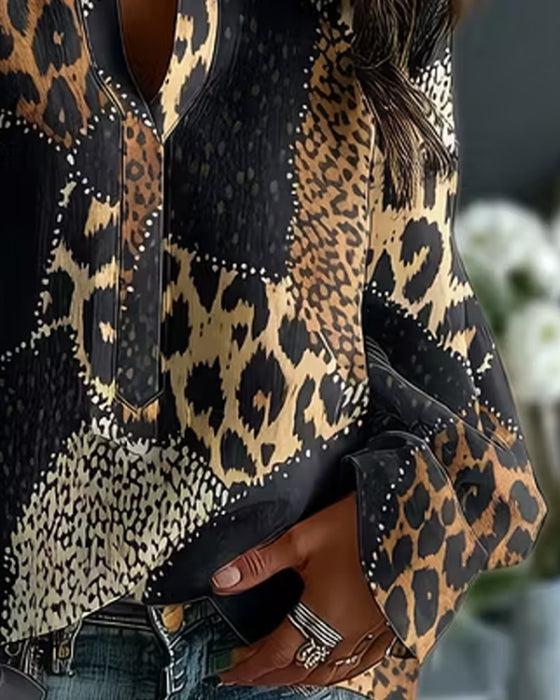Bluse Mini Mandarin Krage Leopard Panel Avslappet