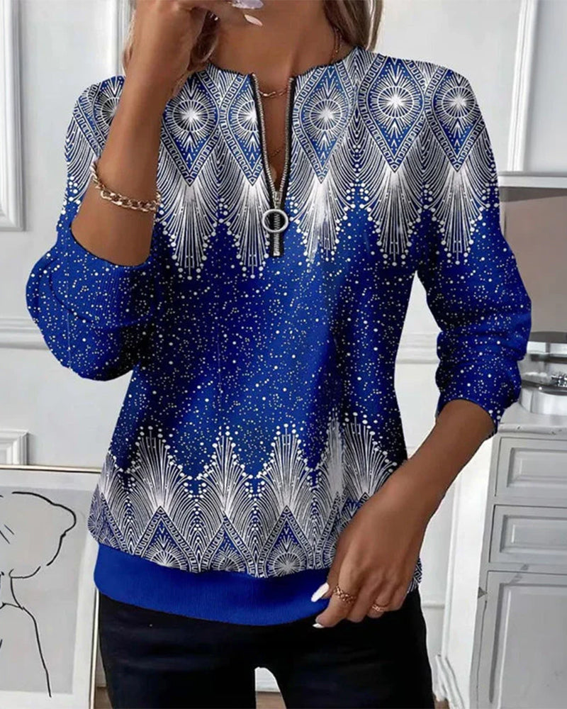 Hoodie Med Halv-Zip Detalj, Retro Stil Och Trykt Mönster