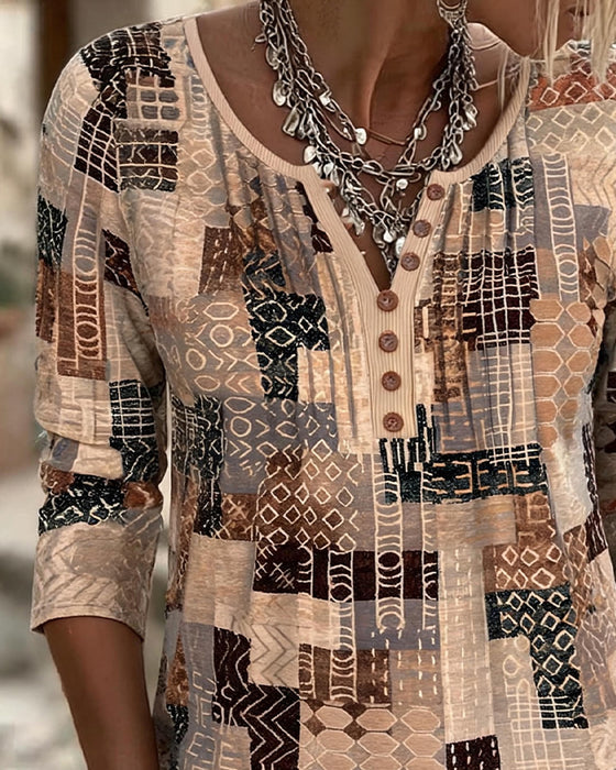 T-Shirt Geometrisk Patchwork Trykk Henley