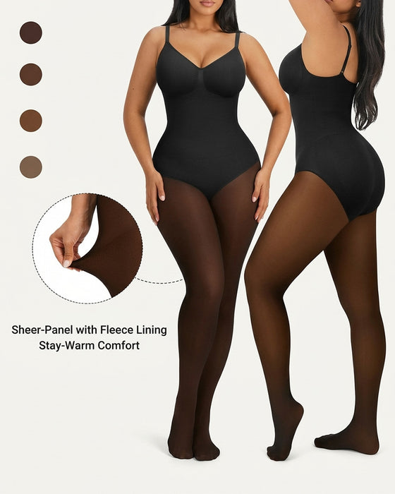 Gjennomsiktig Panel Med Fleeceforet Tights Stay-Warm Magekontroll Sheer Effekt Tights Bodysuit Svart Basic