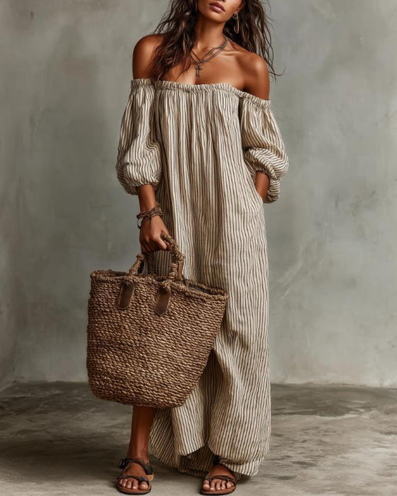 Kjole Løs Off-Shoulder Stripet