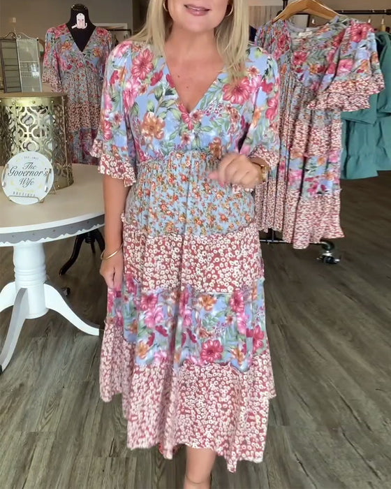 Kjole V-Utringning Lotusserm Blomstret