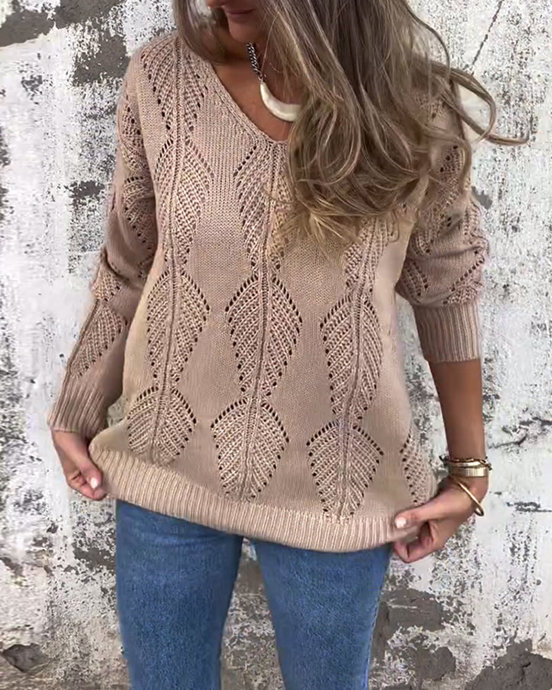 Langermet Genser Med V-Hals Og Hullmønster