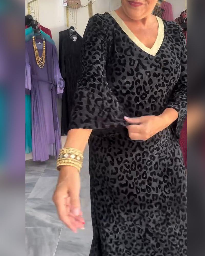 Kjole Kontrastfarge V-Hals Leopardmønster