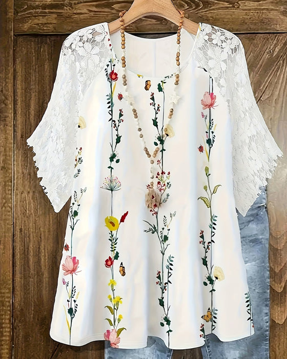T-Skjorte Blonde Lappeteppe Blomstermønster