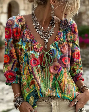 Bluse V-Hals Ruffle Puffererme Knyte