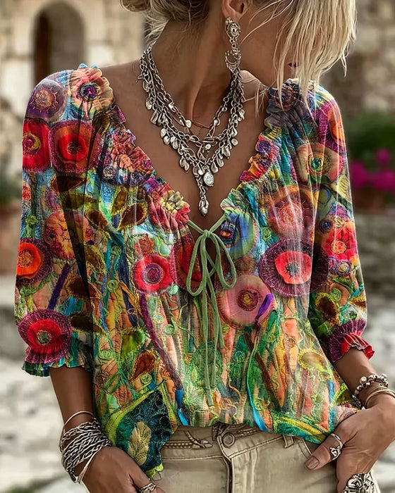 Bluse V-Hals Ruffle Puffererme Knyte