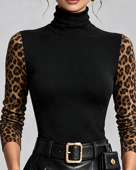 Topp Leopardmønster Skjøtet Høy Hals Slimfit