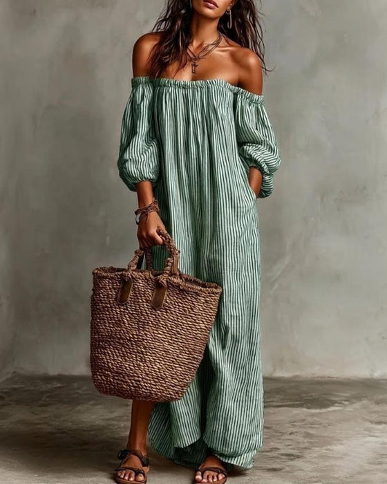 Kjole Løs Off-Shoulder Stripet