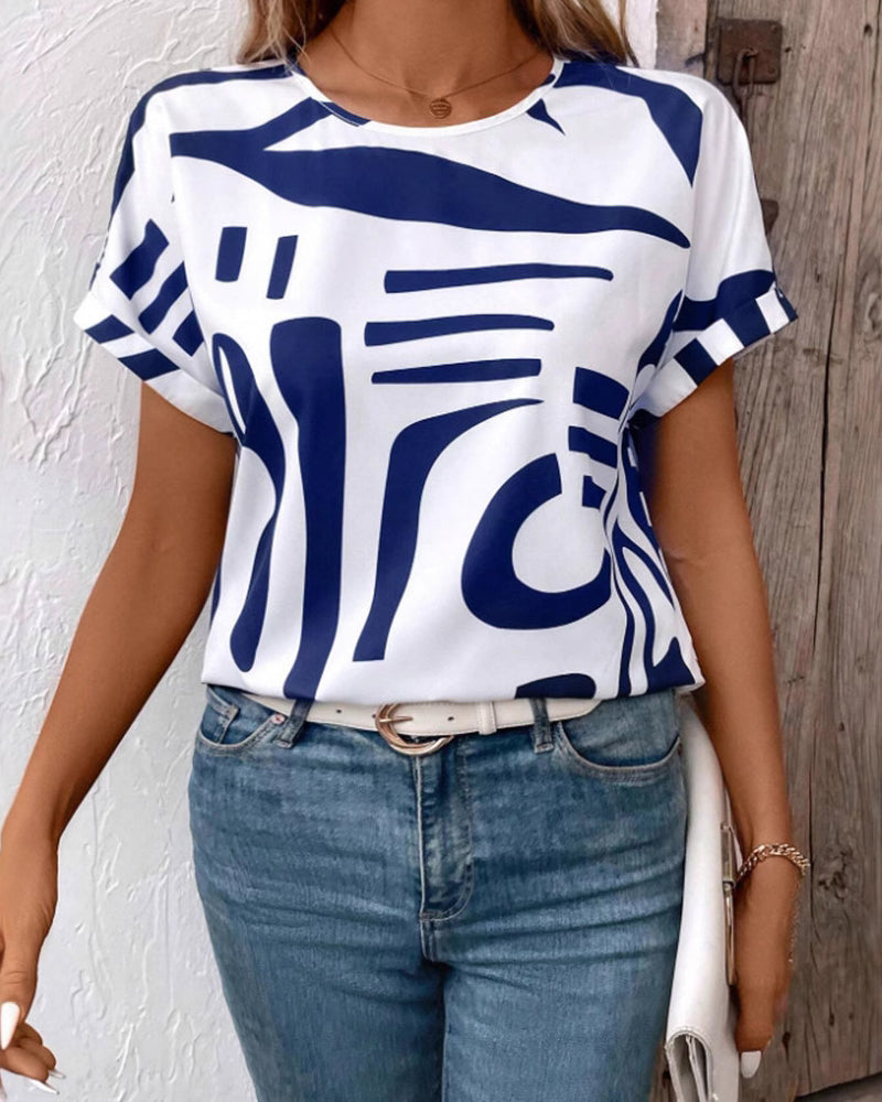 T-Shirt Rund Hals Kort Erme Geometrisk Trykk
