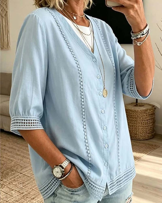 Bluse V-Hals Knapp Blonde Gjennombrutt Ensfarget