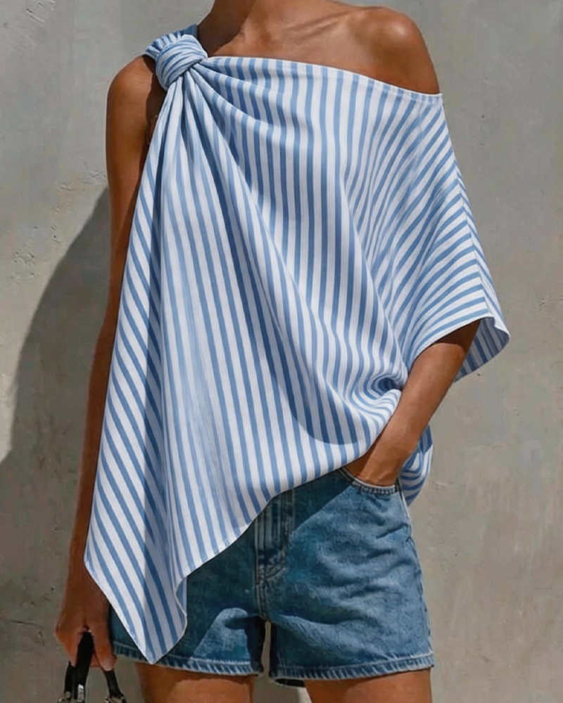 Bluse Stripet Løs Asymmetrisk Design