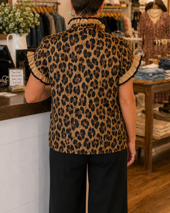 Bluse Leopard Ruffle Kort Erme