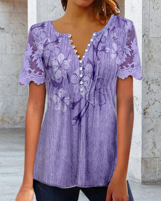 Bluse Med Blondedetalj Rund Hals Trykt