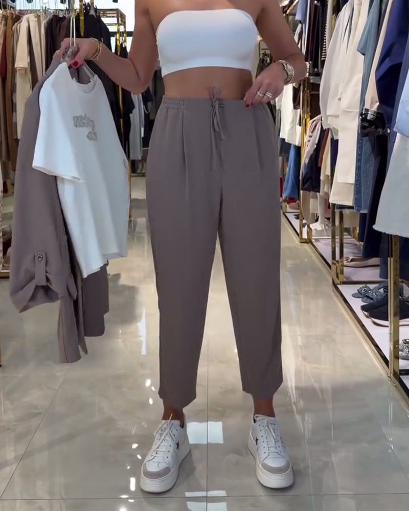 Bukse Ensfarget Høy midje Snøring Hverdagslig