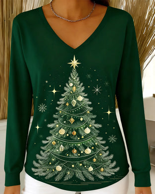 Langermet Topp Med V-Utringning Og Juletrykk
